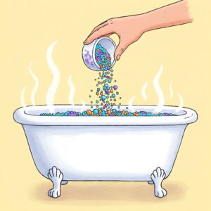 Illustration showing a hand pouring colorful bath salts into warm bathtub water.