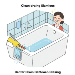Illustration demonstrating the ease of cleaning a center drain bathtub.