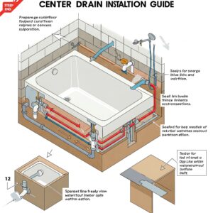 Illustration showing the installation process of a center drain bathtub.