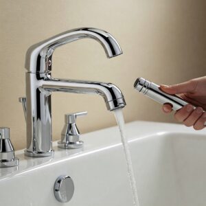 "A close-up of a Delta bathtub faucet with a handheld sprayer, highlighting its versatility."