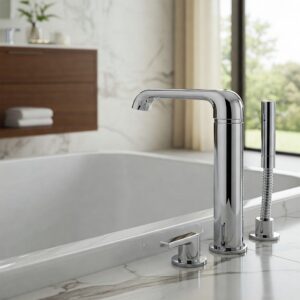 A Delta bathtub faucet installed in a luxurious bathroom setting, showcasing its elegant design and functionality."