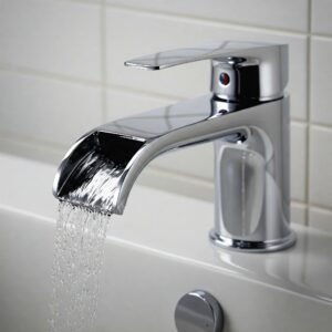 "A Delta bathtub faucet with a modern waterfall spout design."