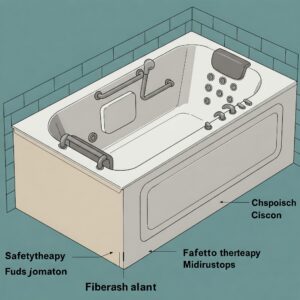 Illustration showcasing various features available in fiberglass bathtubs, such as hydrotherapy jets and safety grab bars.
