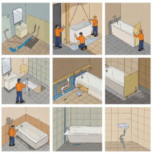 Diagram illustrating the scratch-resistant properties and durability of a fiberglass bathtub material.