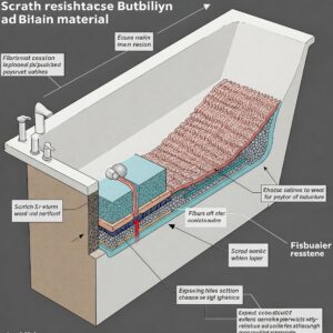 Diagram illustrating the scratch-resistant properties and durability of a fiberglass bathtub material.