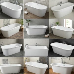 A collection of different fiberglass bathtub shapes and styles available for various bathroom designs.