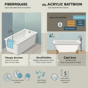 Comparison illustration highlighting the benefits of a fiberglass bathtub versus acrylic and cast iron options.