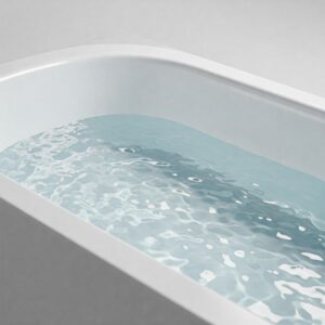 Minimalist graphic of a bathtub with clear water gently overflowing the sides.