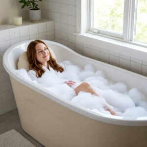 Illustration of a person enjoying a relaxing bath with foam in a comfortable fiberglass bathtub.