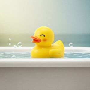 Cute cartoon rubber ducky floating happily in clear bathtub water.