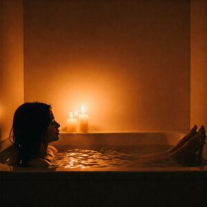 Dark silhouette of a person soaking peacefully in a bathtub filled with inviting water.