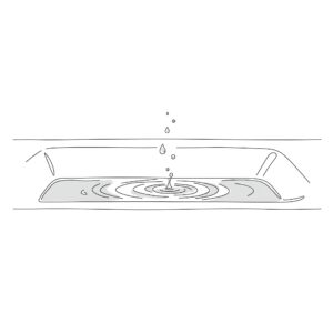 Simple line illustration of water droplets creating ripples in a bathtub filled with water.