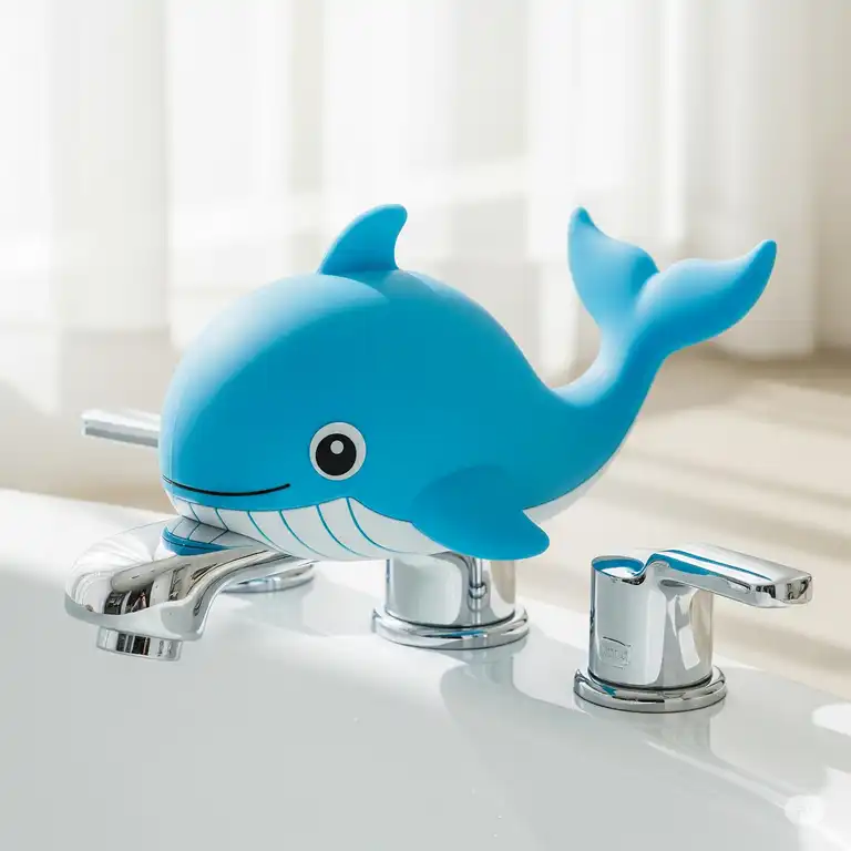 A child-friendly silicone bathtub faucet cover shaped like a whale, providing protection and safety during bath time.