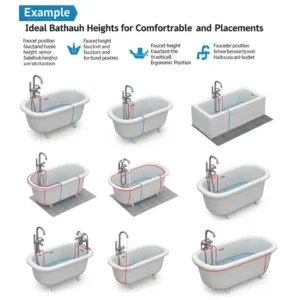 A visual guide illustrating different bathtub faucet heights and their ideal placements for comfortable and functional use.