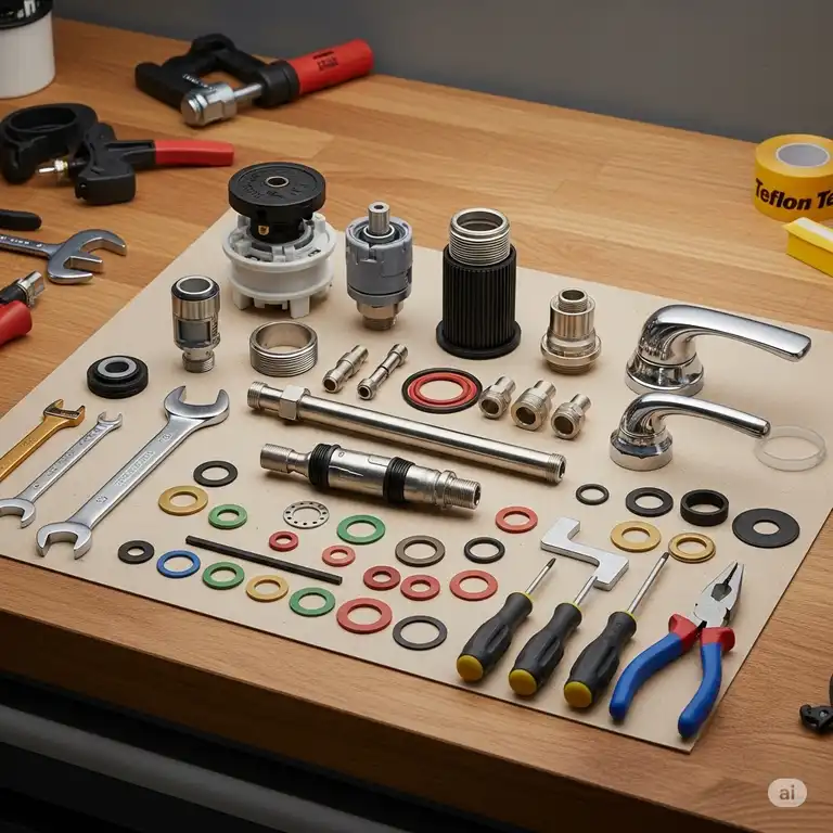 Complete bathtub faucet repair kit with various parts and tools laid out on a workbench, ready for installation.