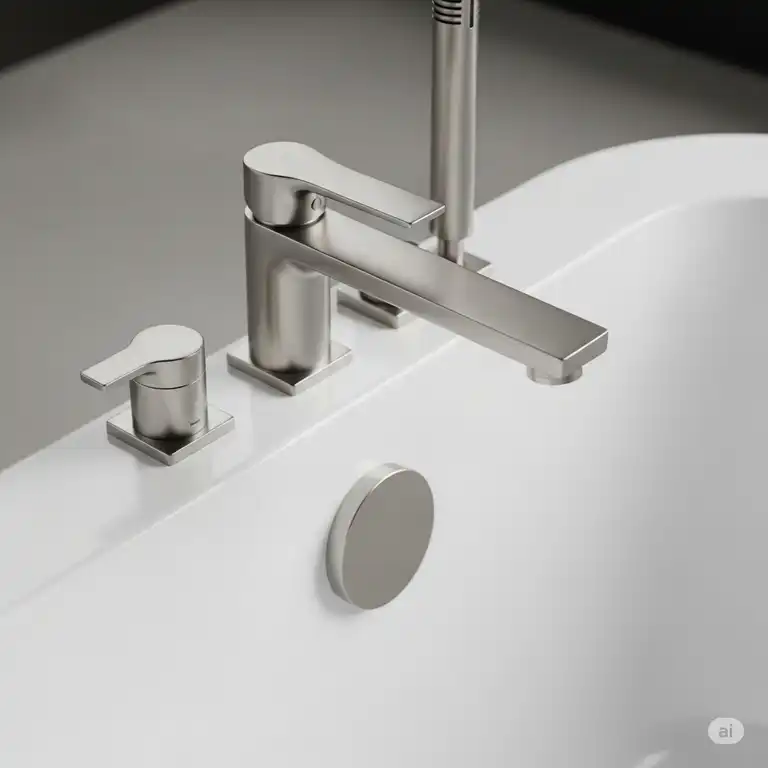 Elegant brushed nickel bathtub spout mounted on a modern white tub, showcasing its sleek design and durable finish.