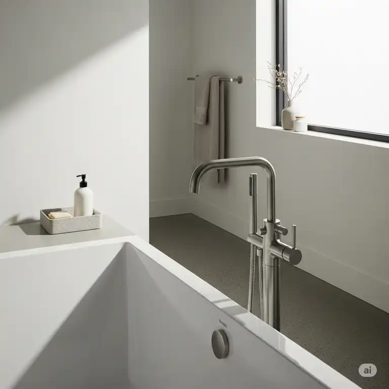 "Modern bathroom featuring a sleek delta trinsic bathtub faucet installed on a freestanding tub, showcasing its contemporary design."