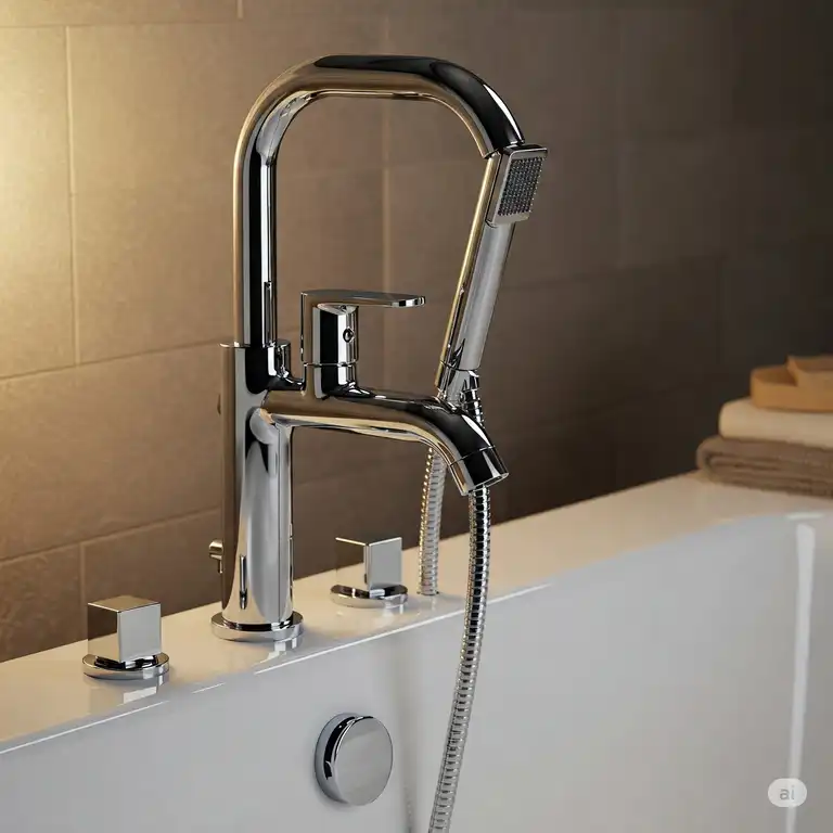 Modern bathtub faucet with hand shower, showcasing its sleek design and functionality.