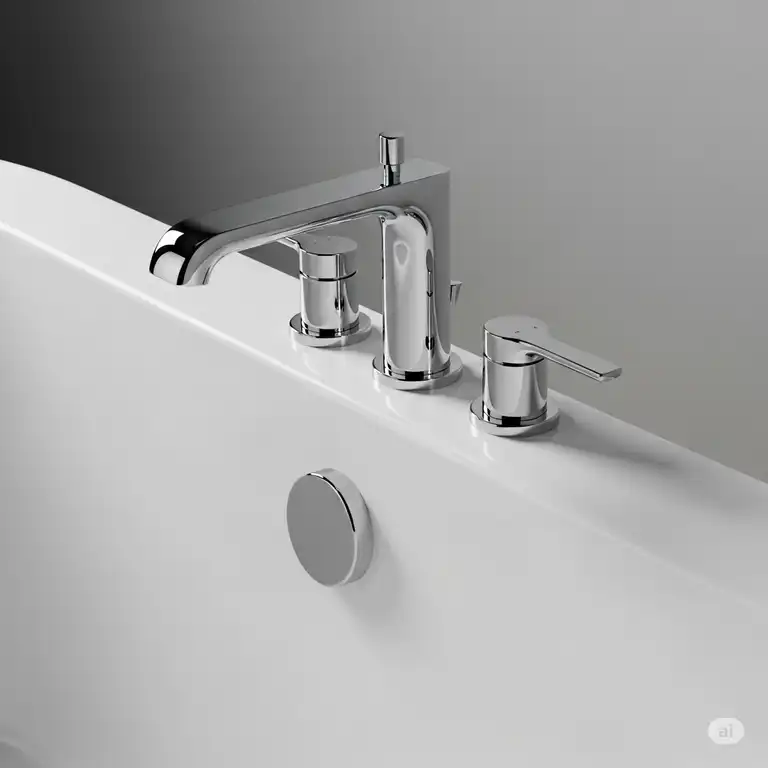 Modern chrome bathtub faucet 3 hole with lever handles, complementing a white freestanding tub.