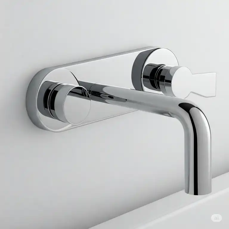 Modern chrome wall mount bathtub faucet with sleek single handle design.