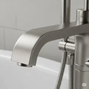 lose-up view of the brushed nickel bathtub spout finish, highlighting its subtle texture and contemporary appeal.