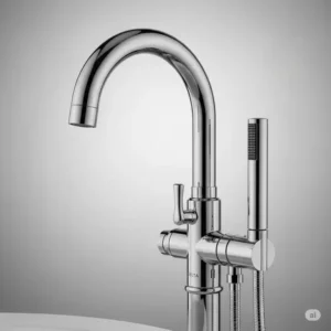 Detailed view of the elegant spout and handle on a Delta freestanding bathtub faucet, highlighting its quality.