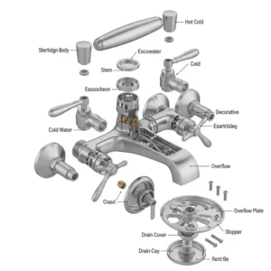 Exploded view illustration of a standard bathtub trim kit, displaying all essential components for easy installation.