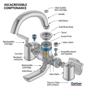 Diagram showing the internal components of a Gerber bathtub faucet, highlighting durable construction and easy maintenance.