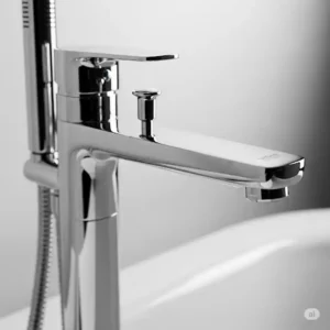 Close-up of a contemporary **Grohe bathtub faucet**, showcasing its minimalist lines and brilliant chrome finish.
