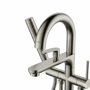 Close-up of a Hansgrohe bathtub faucet's innovative design, showcasing its premium chrome finish and ergonomic handles.