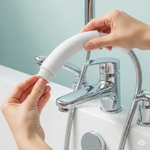 Hands easily installing a flexible bathtub faucet cover over a standard bathtub spout, demonstrating quick setup.