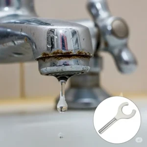 Close-up of a leaky bathtub faucet, showing water drip, indicating the need for a repair kit.