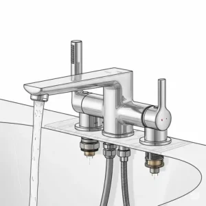 Illustration of a low-spout bathtub faucet height, typically positioned closer to the tub rim.