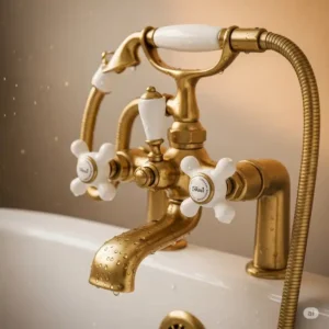 Detailed view of charming bridge-style vintage bathtub faucets with porcelain handles.