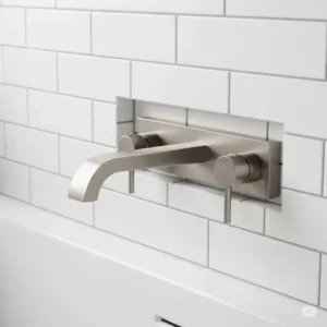 Brushed nickel bathtub spout seamlessly installed on a subway-tiled bathroom wall, providing a clean and modern look.