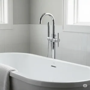 Delta freestanding bathtub faucet paired beautifully with a white tub in a bright, modern bathroom setting.
