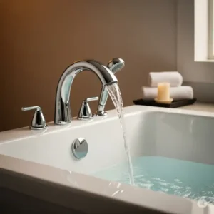 Smooth water flow from the graceful spout of delta roman bathtub faucets, enhancing relaxation.