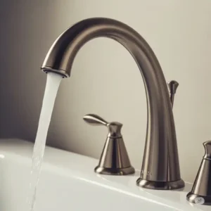 "Detailed shot of the elegant curved spout of the delta trinsic bathtub faucet, demonstrating its water flow capabilities."