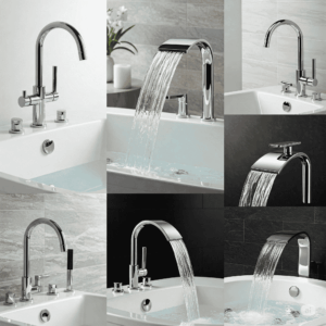 Various styles of jacuzzi bathtub faucets, including gooseneck and waterfall designs.