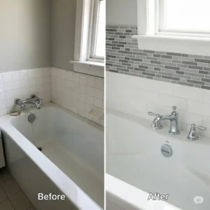 Before and after of a bathroom renovation featuring a new Gerber bathtub faucet, enhancing both style and functionality.
