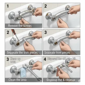 Illustration demonstrating how to remove an old bathtub trim kit, an important step before installing a new one.