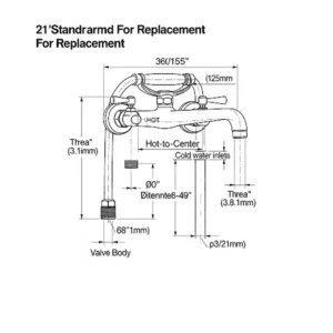 Technical drawing with dimensions for a standard RV bathtub faucet, highlighting measurements.
