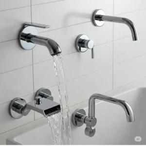 Various spout styles available for wall mount bathtub faucets, including waterfall and gooseneck.