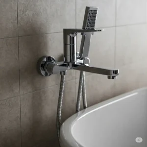 Wall-mounted bathtub faucet with hand shower. 