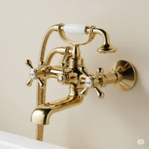 Stylish wall-mounted vintage bathtub faucets, perfect for a traditional bathroom aesthetic.