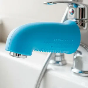 A bathtub faucet cover securely in place, shielding the hard metal spout to prevent accidental bumps and burns for kids.