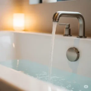 Crystal clear water gently flowing from a brushed nickel bathtub spout, creating a relaxing and inviting bath experience.