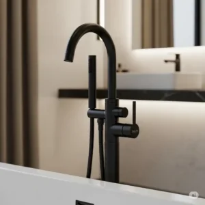 Stunning matte black Delta freestanding bathtub faucet, offering a sophisticated contrast to bathroom decor.