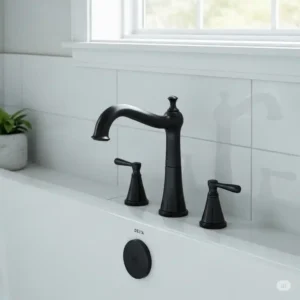 "Delta trinsic bathtub faucet in a stylish matte black finish, perfectly complementing a contemporary bathroom interior."