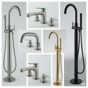 Collection of various **Grohe bathtub faucet** styles, including deck-mounted and floor-standing, in different finishes like brushed nickel and polished chrome.